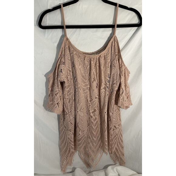 Alya Women’s Peach Lace Blouse Top Cold Shoulder Short Sleeve Fringed Hem Size M - Picture 2 of 4